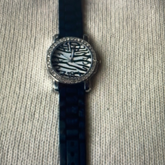 None Accessories - Silver Tone Crystal Bezel Zebra Print Rubber Band Watch